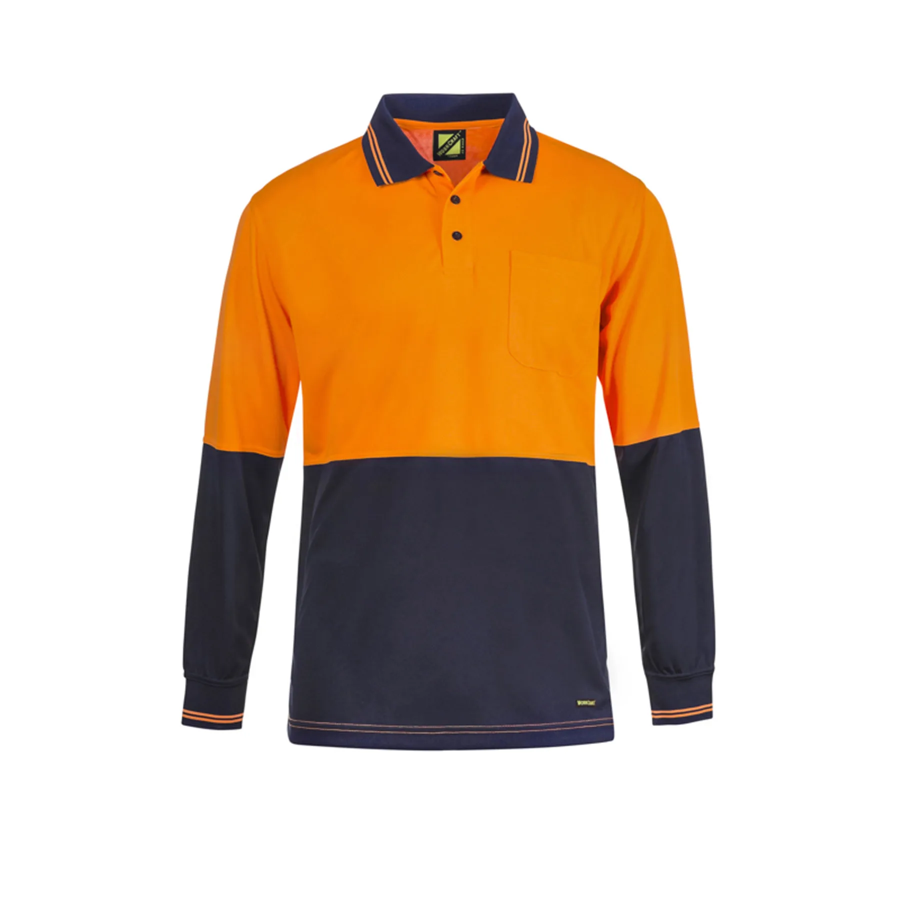 Hi Vis Long Sleeve Cotton Back Polo With Pocket Navy Orange Front