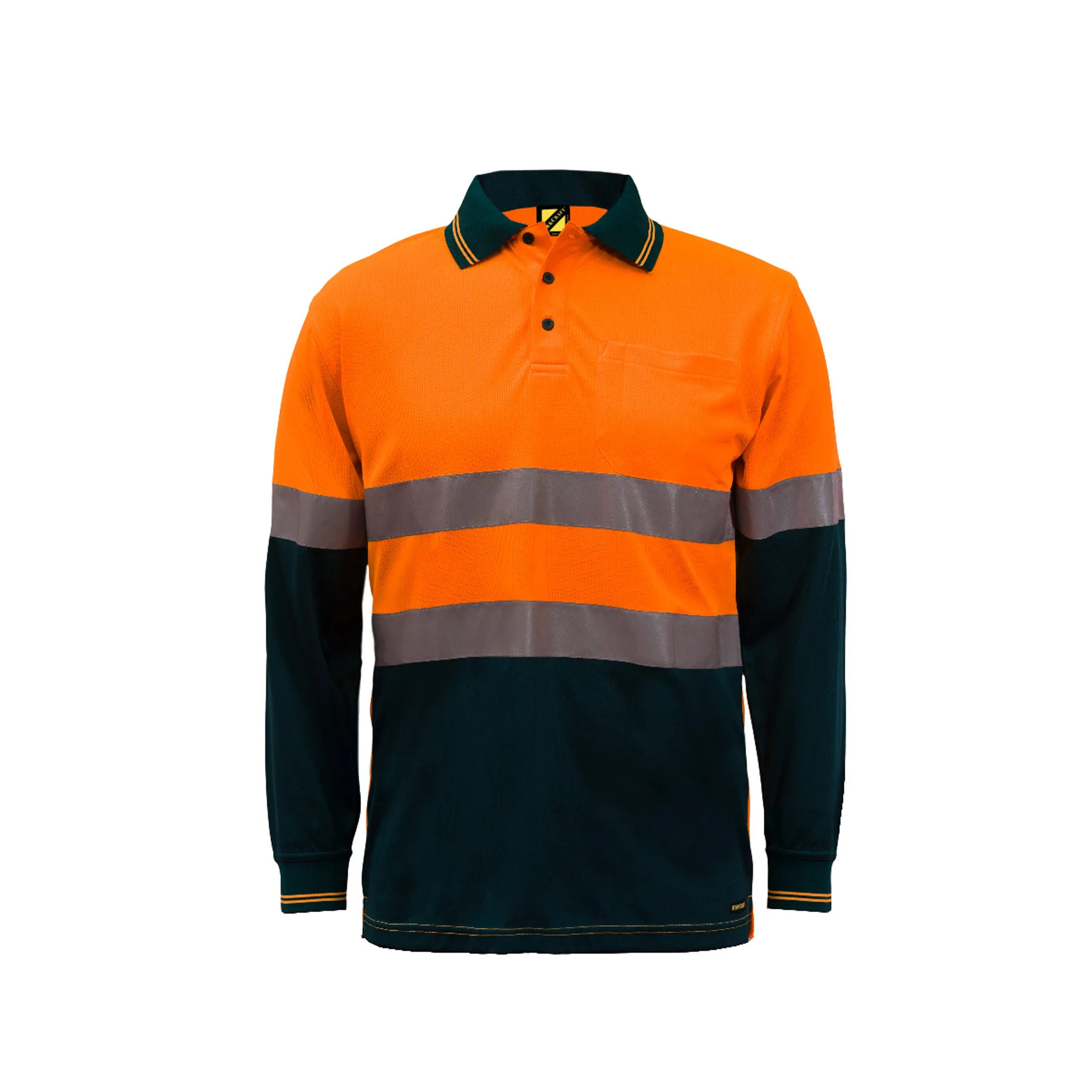 Hi Vis Long Sleeve Micromesh Reflective Polo With Pocket Navy Orange Front