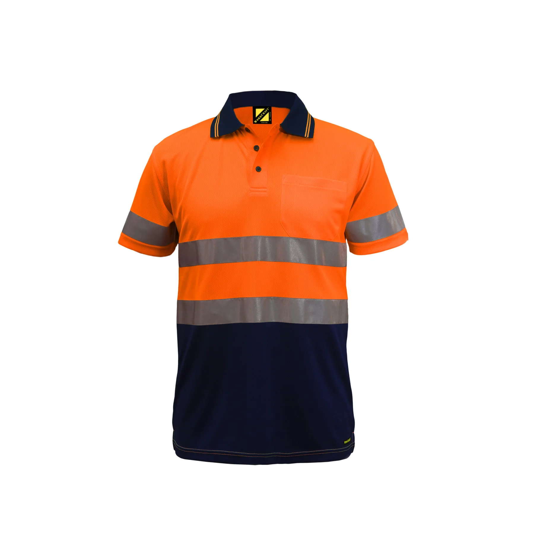 Hi Vis Short Sleeve Micromesh Reflective Polo With Pocket Navy Orange Front