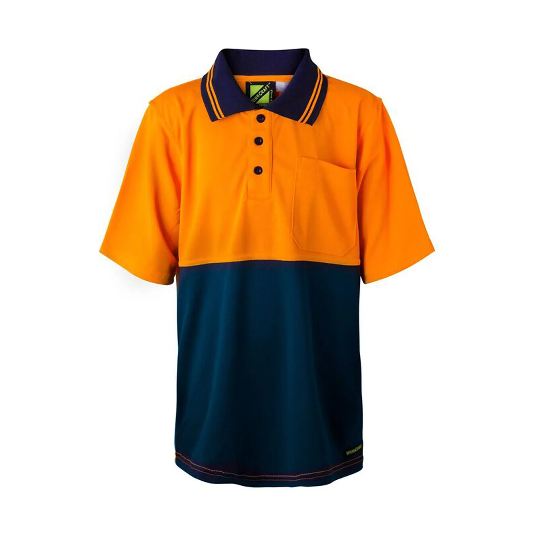 Kids Hi Vis Short Sleeve Micromesh Polo With Pocket Navy Orange Front