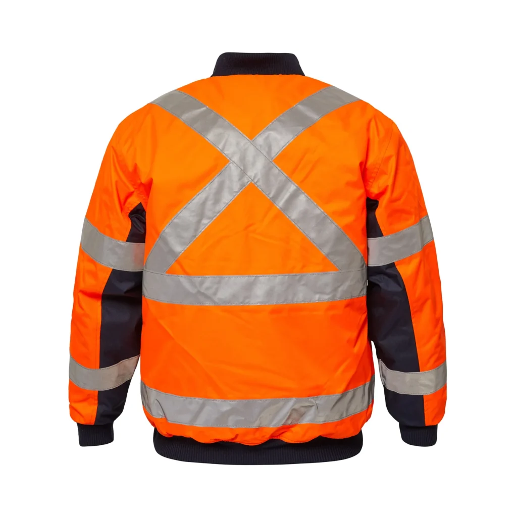 Hi Vis Reflective Bomber Jacket With X Pattern Navy Orange Front