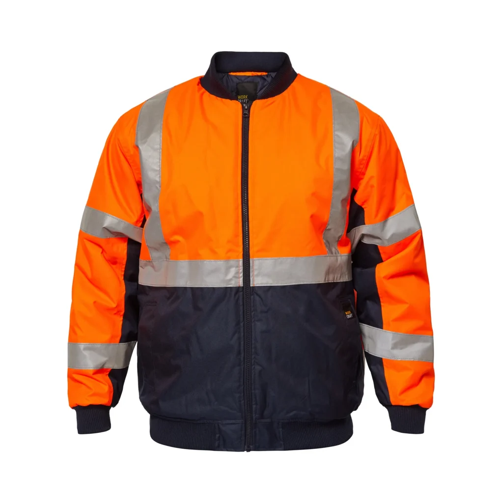 Hi Vis Reflective Bomber Jacket With X Pattern Navy Orange Front